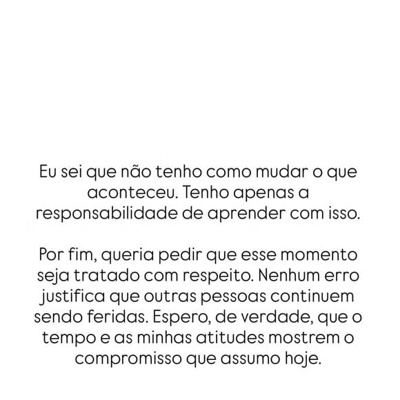 'Sinto muito por ter decepcionado você': Foi assim que Arlindinho pediu desculpas a Erika Januza após a polêmica envolvendo uma casa de swing. O cantor também revelou que está buscando ajuda e apoio da família