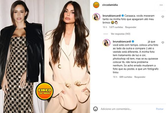 Bruna Biancardi reagiu após apontar excesso de edição em sua foto por página da Internet: 'Caraca, vocês mexeram tanto na minha foto que apagaram até meu brinco'