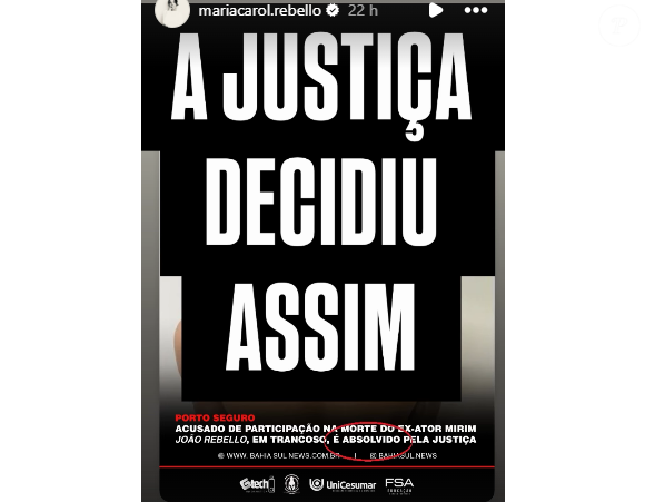 Maria Carol Rebello publicou nas redes sociais decisão da Justiça sobre acusado da morte de seu irmão, João Rebello