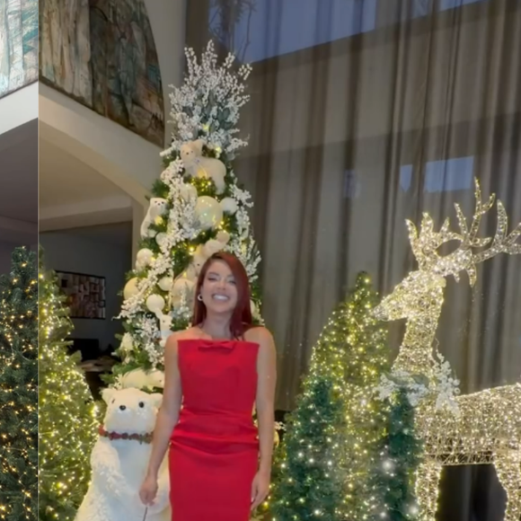Gkay apostou em um cenário nada minimalista: urso polar, neve artificial e uma rena gigante iluminada. Com pinheiros de vários tamanhos e muito branco remetendo à neve, a decoração ganhou cara de shopping de luxo
