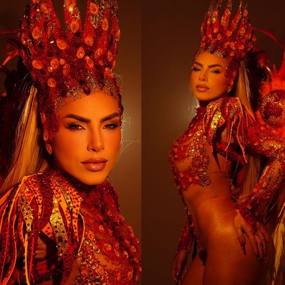 Musa da Mocidade, Erika Schneider brilha com fantasia de 15 mil cristais bordados à mão e faz ritual sagrado antes de desfilar