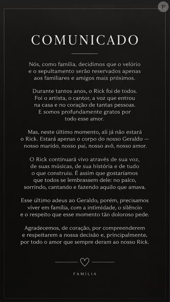Geralda Helena Carvalho, viúva de Rick, explicou a decisão da família de fazer um velório reservado após a morte do cantor