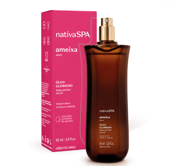Óleo Multifuncional Glorioso Corpo e Cabelos Nativa SPA Ameixa (O Boticário) - 85ml | R$ 98,90 - versátil e elegante, o óleo seco promete brilho para os cabelos, nutrição para a pele e uma explosão de fragrância perfeita para o autocuidado diário