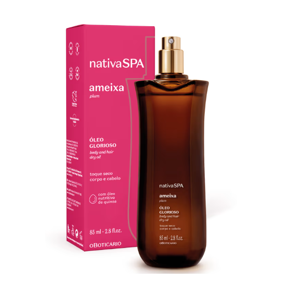 Óleo Multifuncional Glorioso Corpo e Cabelos Nativa SPA Ameixa (O Boticário) - 85ml | R$ 98,90 - versátil e elegante, o óleo seco promete brilho para os cabelos, nutrição para a pele e uma explosão de fragrância perfeita para o autocuidado diário