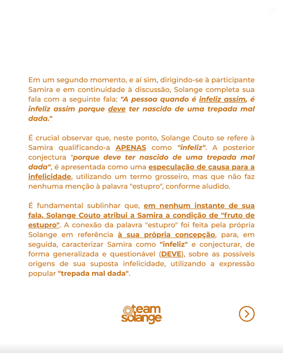Confira parte do pronunciamento da equipe de Solange Couto após frase sobre estupro no 'BBB 26'