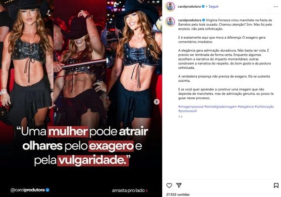 Roupa de Virginia na festa do peão de Barretos-2025 fez influencer criticar a apresentadora; post foi curtido por Thais Gebelein, ex-cunhada da empresária