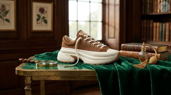 O Run Star Crush Pony Hair Cano Baixo Marrom preserva a escrita Chuck Taylor no calcanhar e o patch All Star na língua, combinados à plataforma de 45 mm