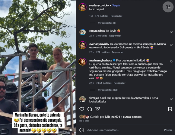 Marina Ruy Barbosa esclarece vídeo viral do Carnaval e garante: desequilíbrio foi causado pelo salto alto, não por bebida