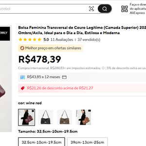 No AliExpress, uma bolsa em couro legítimo com cor e design parecidos com o acessório de Sasha Meneghel aparece como alternativa por R$ 478,39