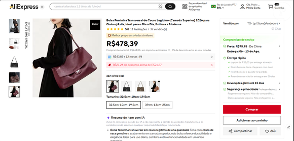 No AliExpress, uma bolsa em couro legítimo com cor e design parecidos com o acessório de Sasha Meneghel aparece como alternativa por R$ 478,39