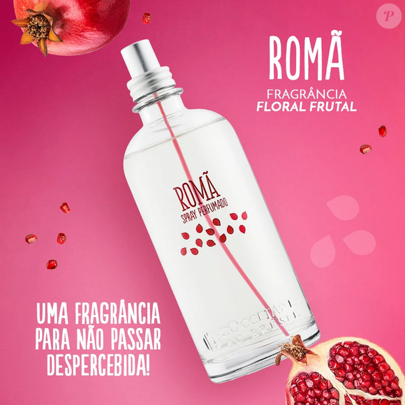 A saída de Romã, de L'Occitane au Brésil, reúne frutas vermelhas, frésia e damasco, enquanto muguet, heliotrópio e gerânio aparecem no coração e sândalo, âmbar e musk fecham a composição