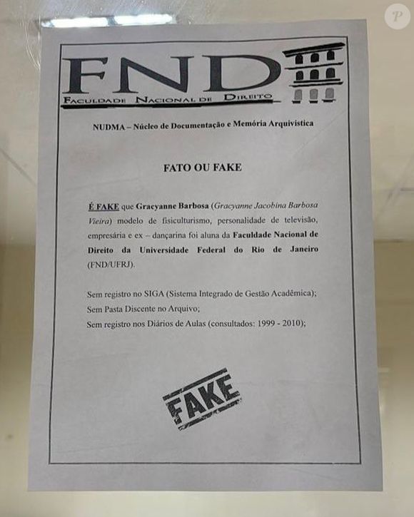 Comunicado da UFRJ afirma que Gracyanne nunca foi aluna da Faculdade Nacional de Direito da Universidade Federal do Rio de Janeiro