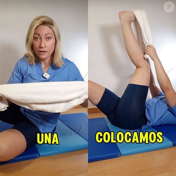 Neste terceiro exercício, vai alongar bastante a região da fáscia plantar, usando o auxílio de uma toalha.