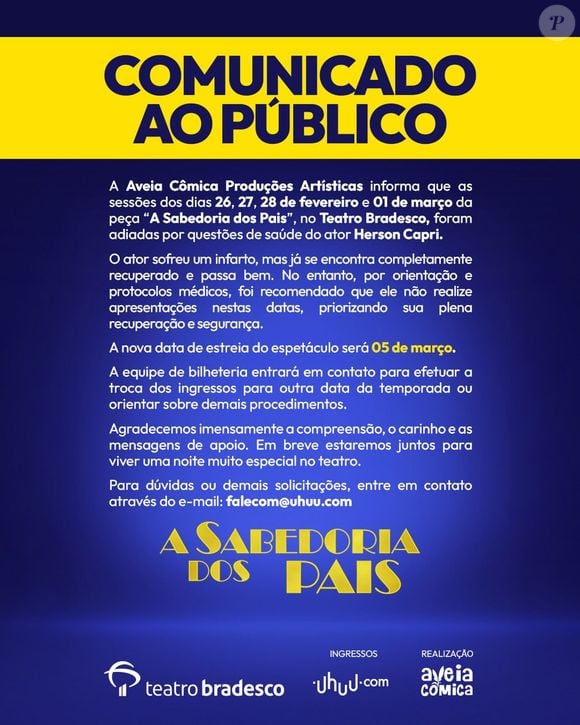 A rede social de Herson Capri emitiu um comunicado sobre o estado de saúde do ator