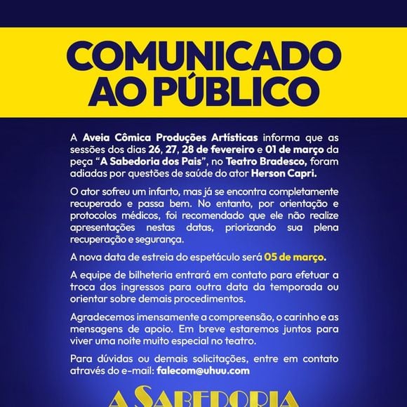 A rede social de Herson Capri emitiu um comunicado sobre o estado de saúde do ator