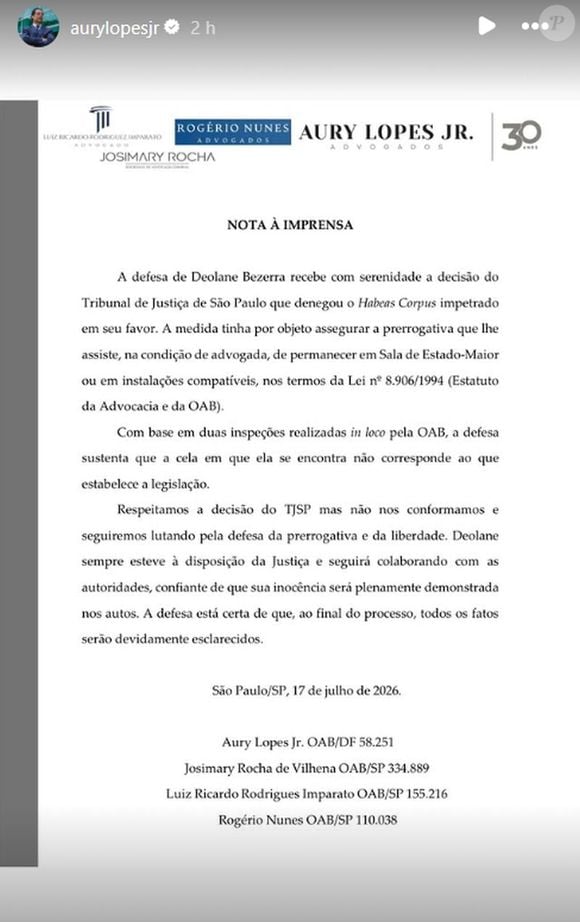 Advogado de Deolane Bezerra, Aury Lopes Jr. enviou uma nota à imprensa neste sábado, 18 de julho de 2026