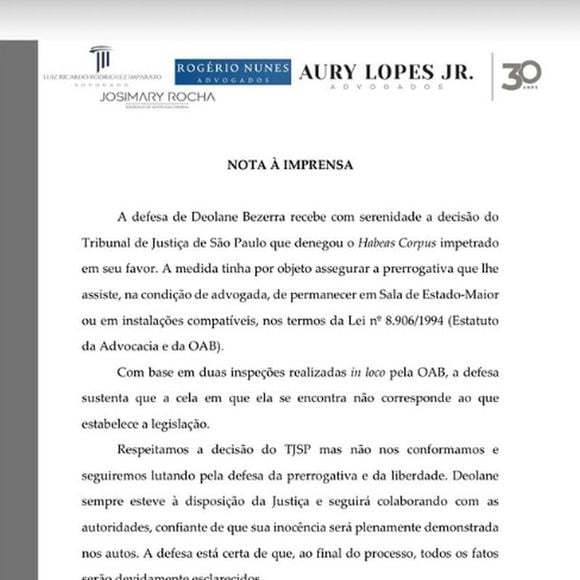 Advogado de Deolane Bezerra, Aury Lopes Jr. enviou uma nota à imprensa neste sábado, 18 de julho de 2026