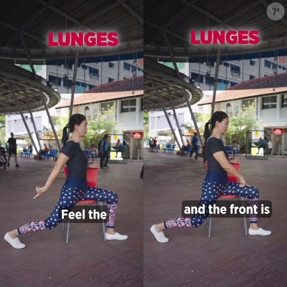 O exercício de agachamento com passada, usando o auxílio de uma cadeira, garante pernas mais fortalecidas.