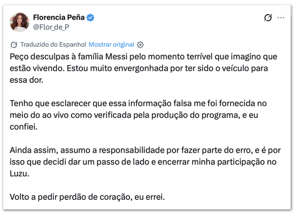 Florencia Peña se pronunciou em suas redes sociais pedindo desculpas pelo ocorrido