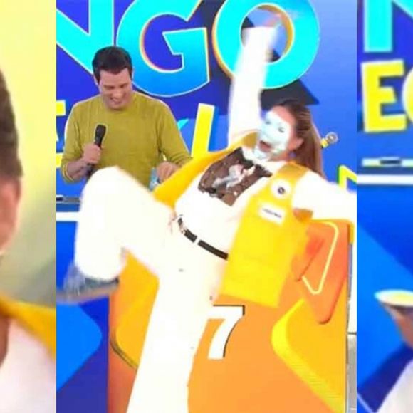 Grávida, Virginia Fonseca escorreu no palco do 'Domingo Legal' após levar torta na cara