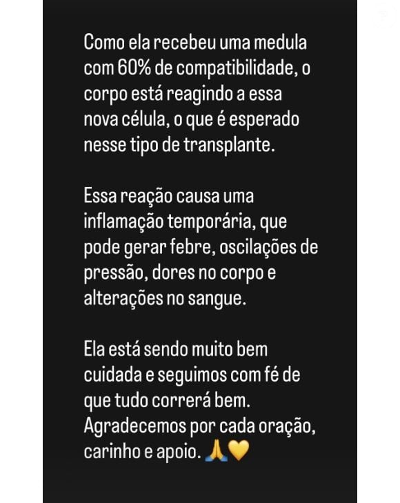 Isabel Veloso teve estado de saúde atualizado pelo pai após transplante de medula