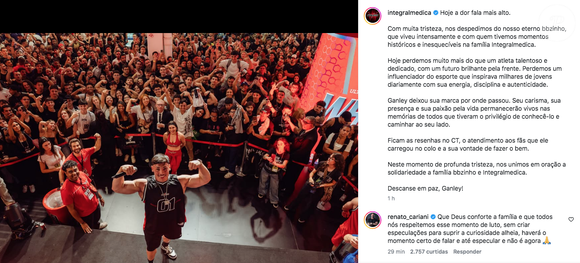 Integralmedica publica mensagem de despedida para Gabriel Ganley