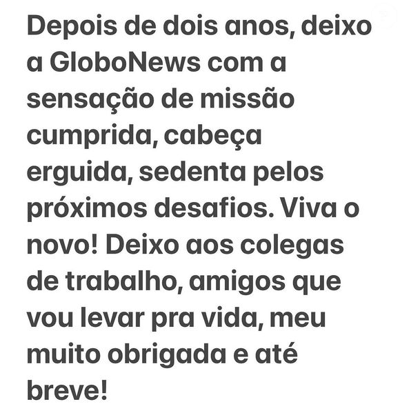 Daniela Lima fez um post para confirmar a saída da GloboNews