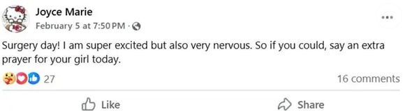 Joyce revelou ter feito uma cirurgia bariátrica em fevereiro deste ano e pediu orações aos fãs