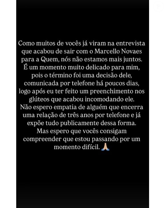 Saory Cardoso e Marcello Novaes terminaram namoro por decisão dele e durante telefonema, disse a cirurgiã