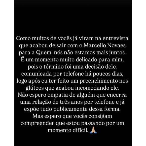 Saory Cardoso e Marcello Novaes terminaram namoro por decisão dele e durante telefonema, disse a cirurgiã