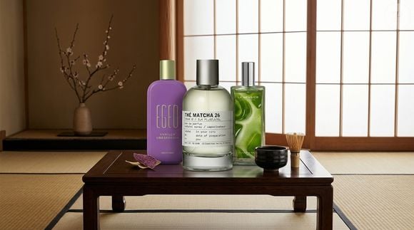 Os três perfumes mostram diferentes interpretações do matchá na perfumaria: como contraponto para notas gourmand, protagonista de uma composição minimalista ou parte de um aroma verde e cremoso