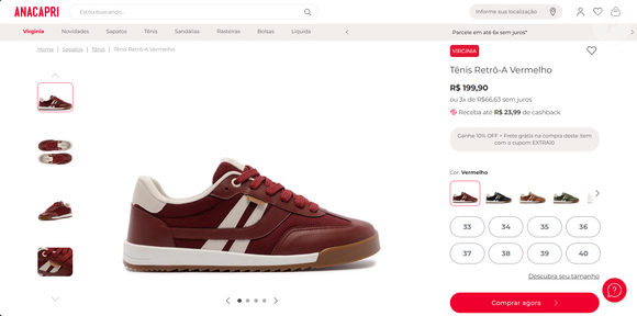 Com preço de R$ 199,90, o tênis Retrô A da Anacapri se destaca como opção elegante e funcional para quem busca estilo sem alto investimento