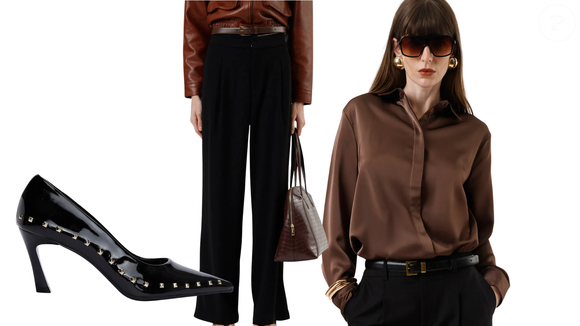 Inspirado na transformação fashion de Andy Sachs, este look com camisa acetinada e alfaiataria preta traduz elegância e poder em cada detalhe