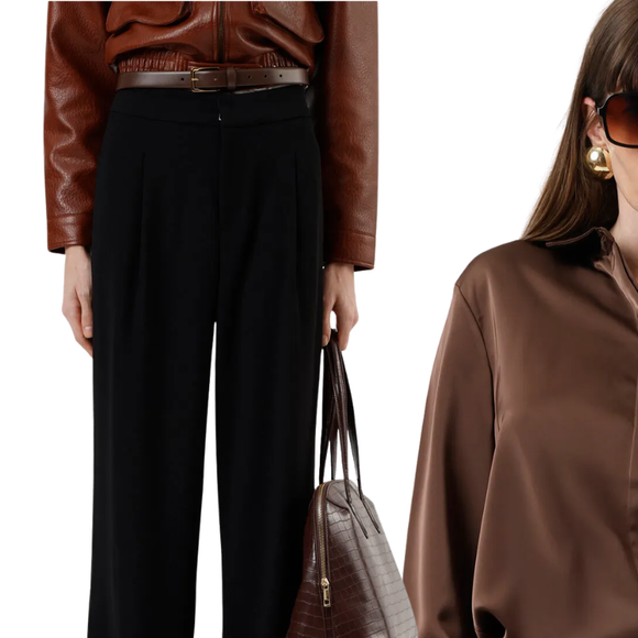Inspirado na transformação fashion de Andy Sachs, este look com camisa acetinada e alfaiataria preta traduz elegância e poder em cada detalhe