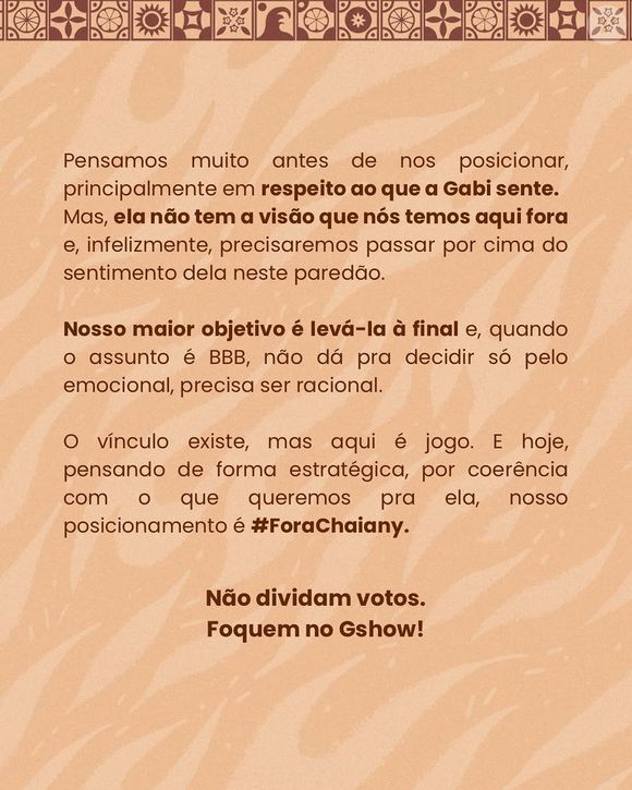 ‘BBB 26’: equipe de Gabriela argumentou que, com Chaiany eliminada, Gabriela tem mais chances de chegar à final