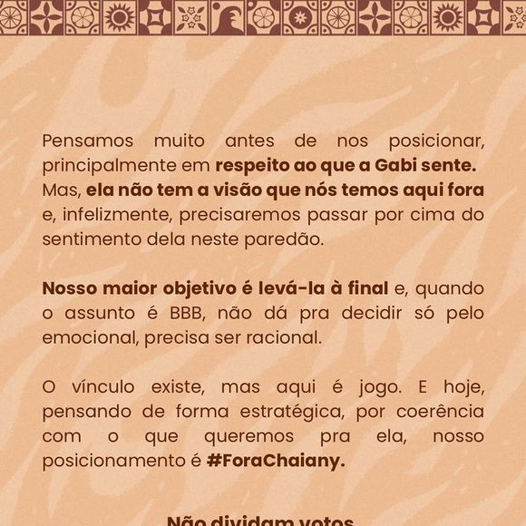 ‘BBB 26’: equipe de Gabriela argumentou que, com Chaiany eliminada, Gabriela tem mais chances de chegar à final