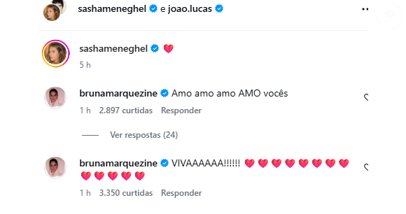 Bruna Marquezine reagiu à gravidez de Sasha Meneghel com declarações de amor e uma comemoração nos comentários
