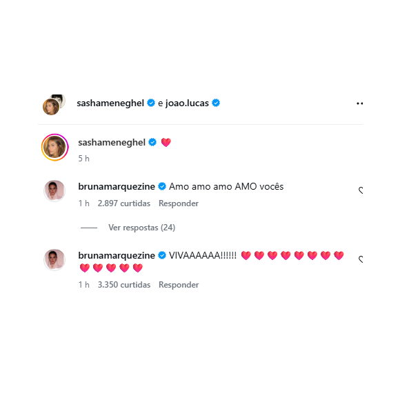 Bruna Marquezine reagiu à gravidez de Sasha Meneghel com declarações de amor e uma comemoração nos comentários