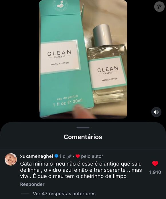 O assunto ganhou um novo rumo quando a própria Xuxa Meneghel apareceu nos comentários e revelou que o perfume citado no vídeo não era exatamente o dela
