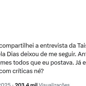 Colunista Lucas Pasin afirma que Manuela Dias deixou de seguir seu perfil após ele repercutir as críticas de Taís Araújo