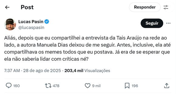 Colunista Lucas Pasin afirma que Manuela Dias deixou de seguir seu perfil após ele repercutir as críticas de Taís Araújo