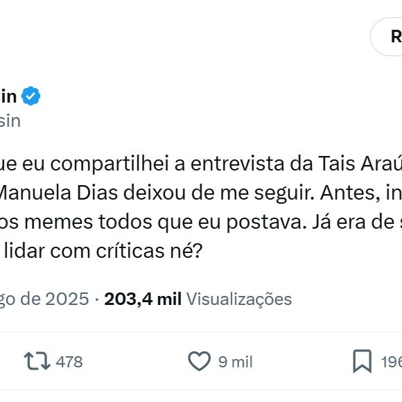 Colunista Lucas Pasin afirma que Manuela Dias deixou de seguir seu perfil após ele repercutir as críticas de Taís Araújo
