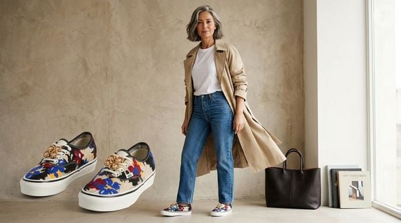 O Authentic LX "Floral Needlework", da Vans, ganha destaque ao ser combinado com jeans de corte reto, camiseta branca e trench coat bege, uma produção clássica e elegante que deixa o tênis bordado como o grande protagonista do visual