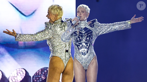 Com body metalizado, virilha cavada e bumbum exposto, Xuxa debocha de críticas ao look na estreia de sua turnê nacional 'O Último Voo da Nave': 'Quem não gostou continue...'