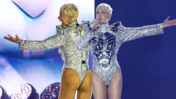 Com body metalizado, virilha cavada e bumbum exposto, Xuxa debocha de críticas ao look na estreia de sua turnê nacional 'O Último Voo da Nave': 'Quem não gostou continue...'