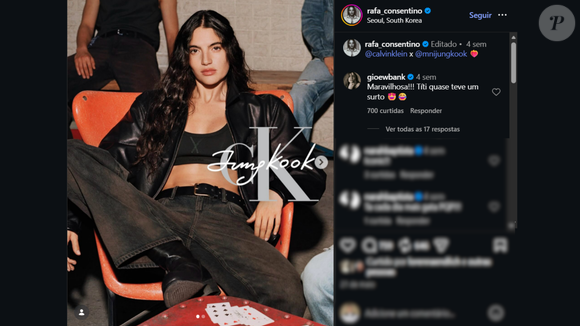 Além de conquistar espaço em uma campanha mundial da Calvin Klein, Rafaella Consentino chamou atenção por receber uma mensagem carinhosa de Giovanna Ewbank. 'Maravilhosa!!! Títi quase teve um surto', escreveu a apresentadora ao comentar a publicação da modelo