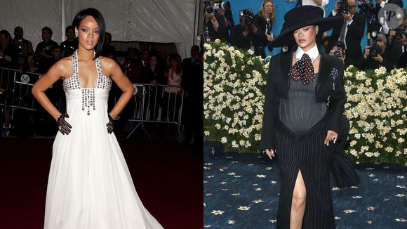 Rihanna em sua primeira aparição no MET Gala e agora, em 2025, a cantora grávida do seu 3º filho