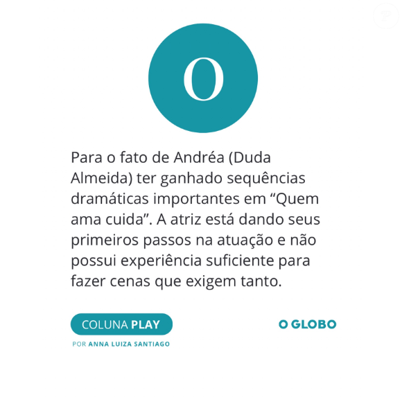 Crítica à Duda Almeida, de 'Quem ama cuida', revoltou elenco da novela da Globo