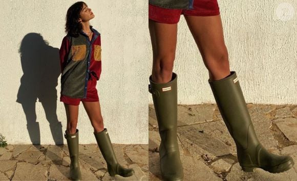Look de inverno com bota colorida em verde escuro: galocha no tom foi aposta de Bruna Marquezine