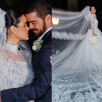 Mangas longas, véu catedral e renda delicada: Luana Sales usa dois vestidos de noiva em casamento de R$ 500 mil com Sidney Sampaio